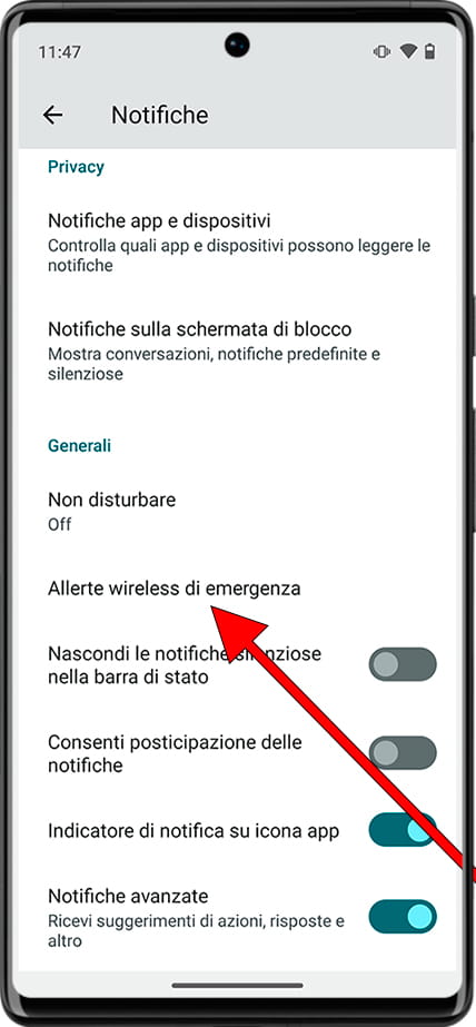Avvisi di emergenza wireless Android