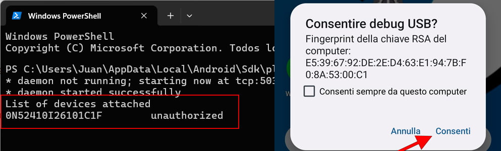 Consentire debug USB