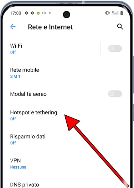 Rete e Internet menu Android