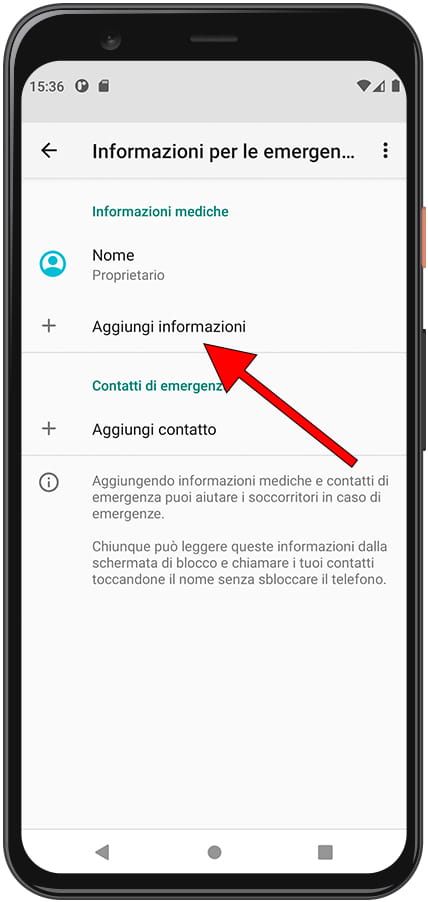 Aggiungi informazioni di emergenza Android